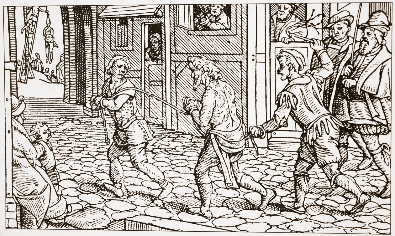 Xilogravura contemporânea, mostrando um vagabundo sendo chicoteado pelas ruas de uma cidade de English School