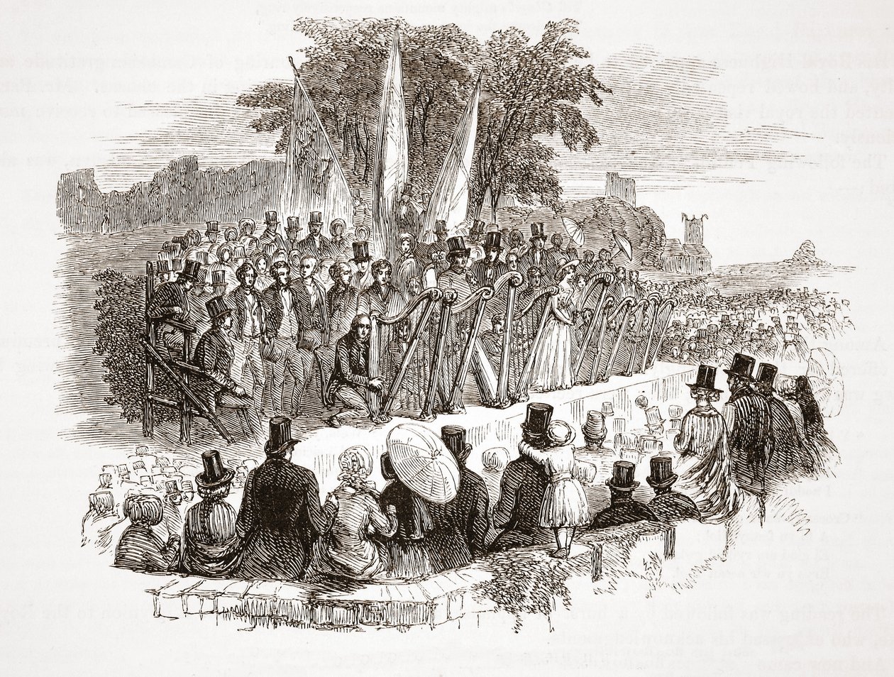 Concurso para a harpa de ouro no Royal Denbigh Eisteddfod, antes de HRH o duque de Susses em 1828 (gravura em aço) de English School