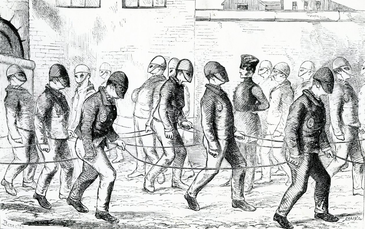 Condenou o Exercício na Prisão de Pentonville, de "As Prisões Penais de Londres e Cenas da Vida na Prisão" de Henry Mayhew e John Binny, 1862 de English School