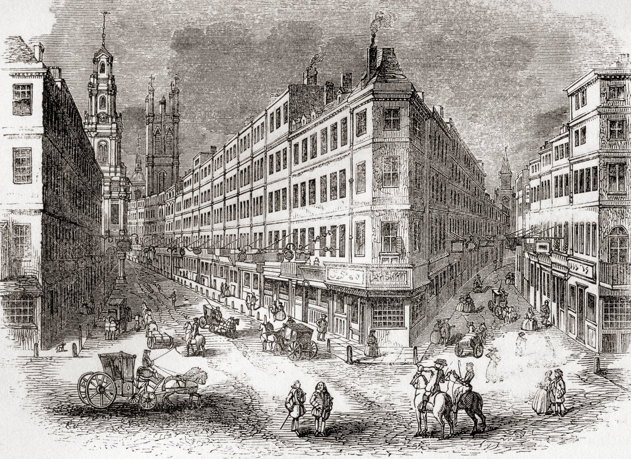 Cornhill, The Exchange e Lombard Street, Londres, Inglaterra, em meados do século XIX, da Velha Inglaterra: Um Museu Pictórico, pub. 1847 de English School