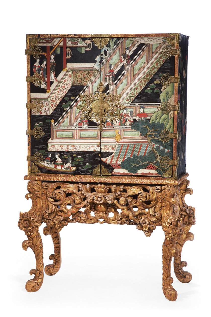 Gabinete e suporte Coromandel (bronze, laca e madeira dourada) de English School