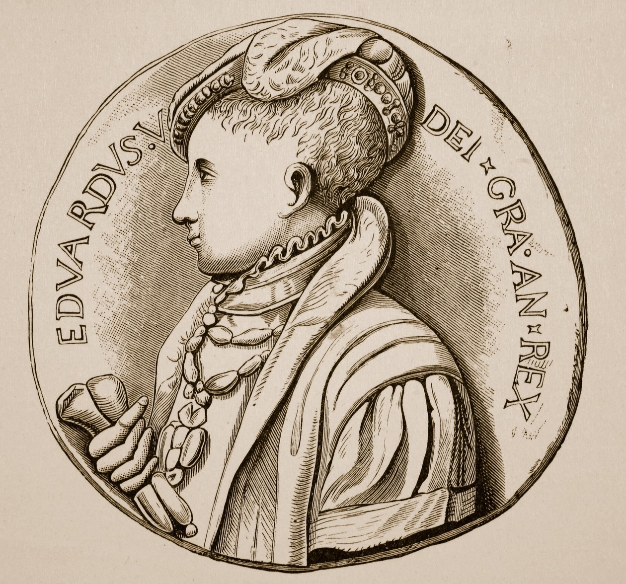 Medalha de coroação de Edward VI (foto sépia) de English School