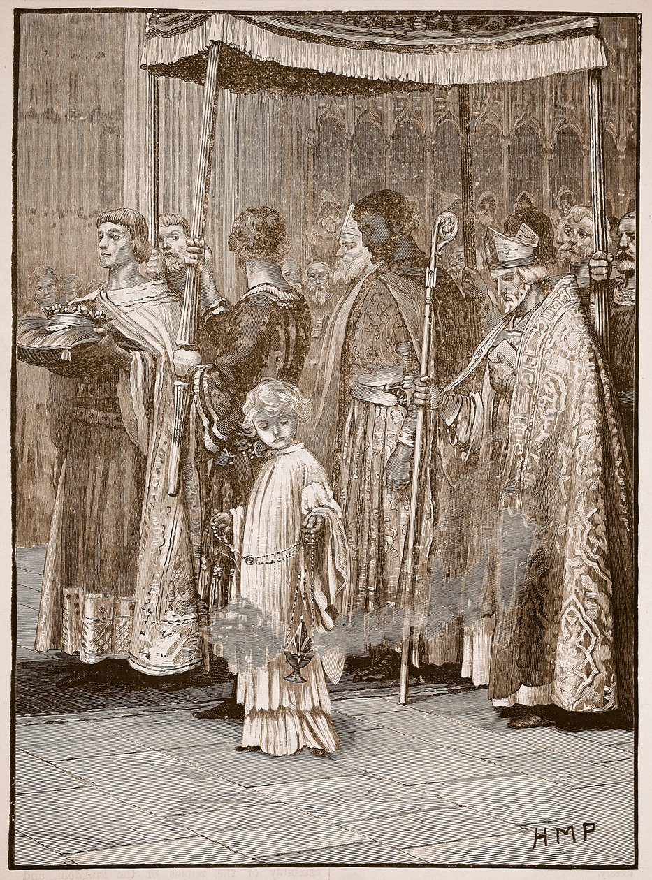 Coroação de Richard na Abadia de Westminster: a procissão ao longo do corredor, ilustração da história ilustrada de Cassells da Inglaterra (foto sépia) de English School