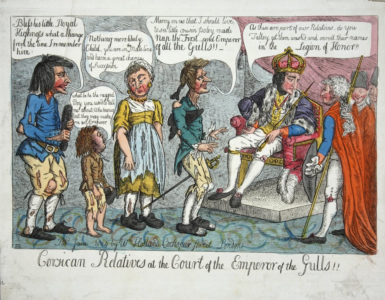 Realtivos Corsos na Corte do Imperador das Gaivotas!!, pub 1804 (gravura colorida à mão) de English School