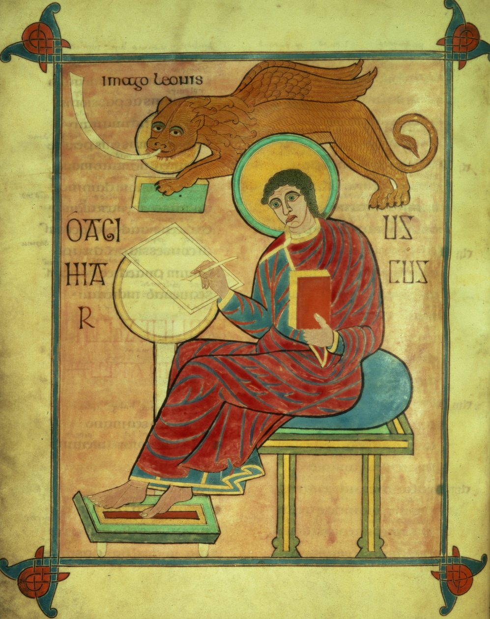 Cott Nero DIV f.93v São Marcos sentado com seu símbolo, dos Evangelhos de Lindisfarne, 710-721 (velino) de English School