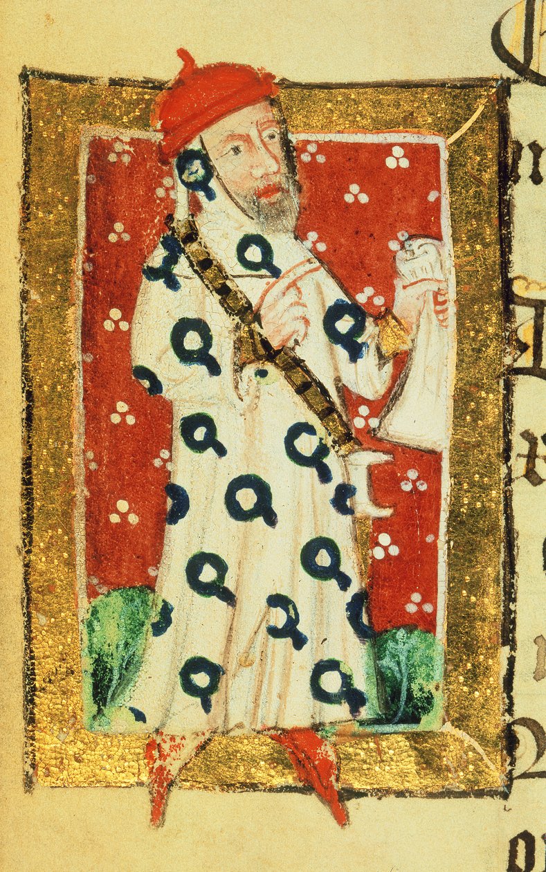 Cott Nero D VII f.105v Nigel Lorning, Cavaleiro da Jarreteira, do Livro dos Benfeitores da Abadia de St. Alban