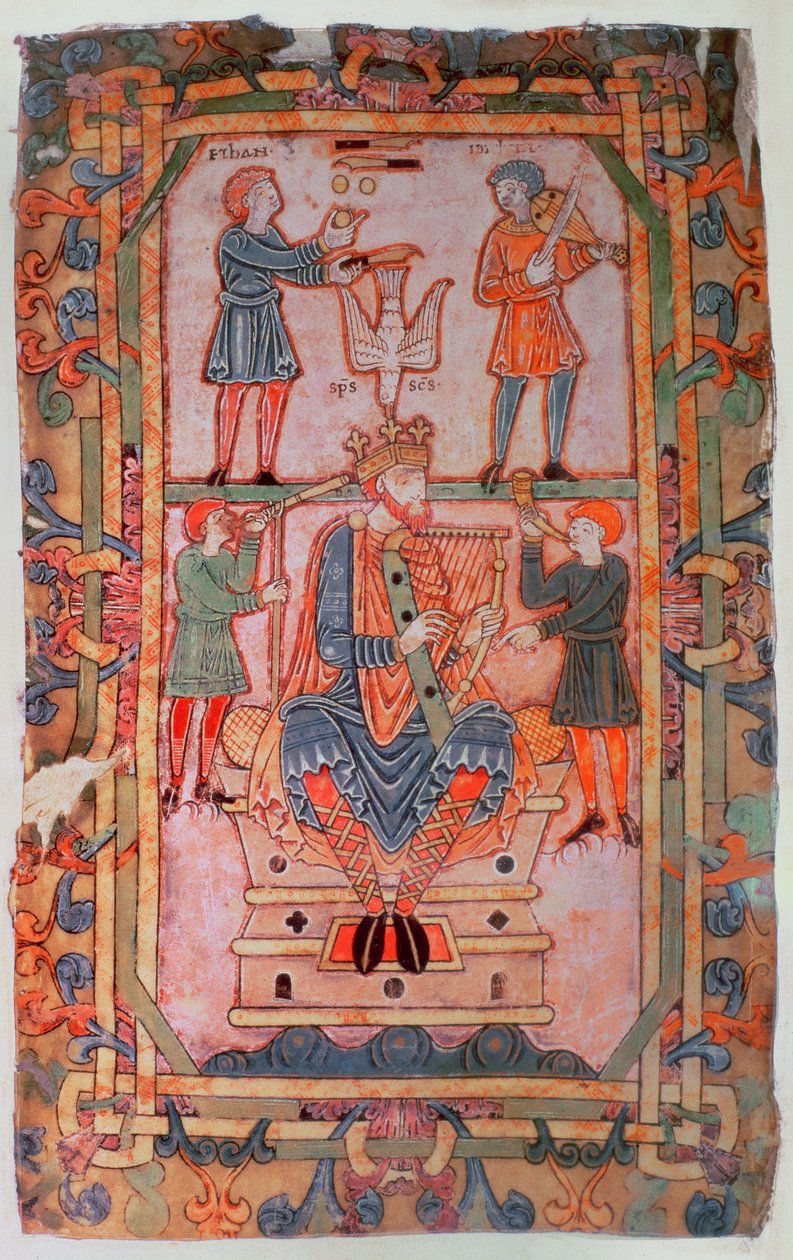 Cott Tib C VI f.30v David tocando sua harpa, do Saltério de Tibério, Winchester, c.1050 (velino) de English School