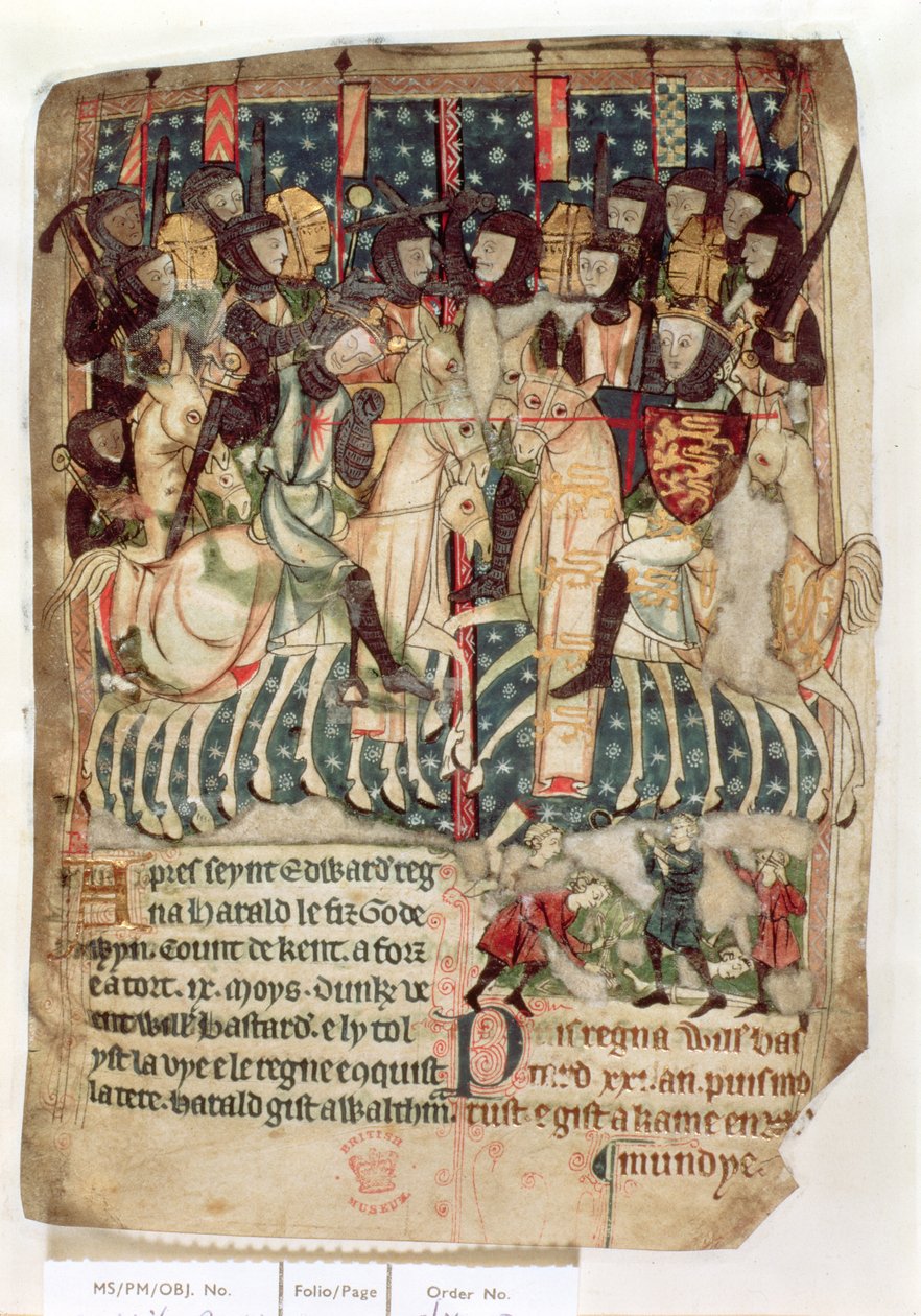 Cott Vitt A XIII f.3v William matando Harold na Batalha de Hastings, dos "Decretos dos Reis da Inglaterra anglo-saxónica e normanda" (vellum) de English School