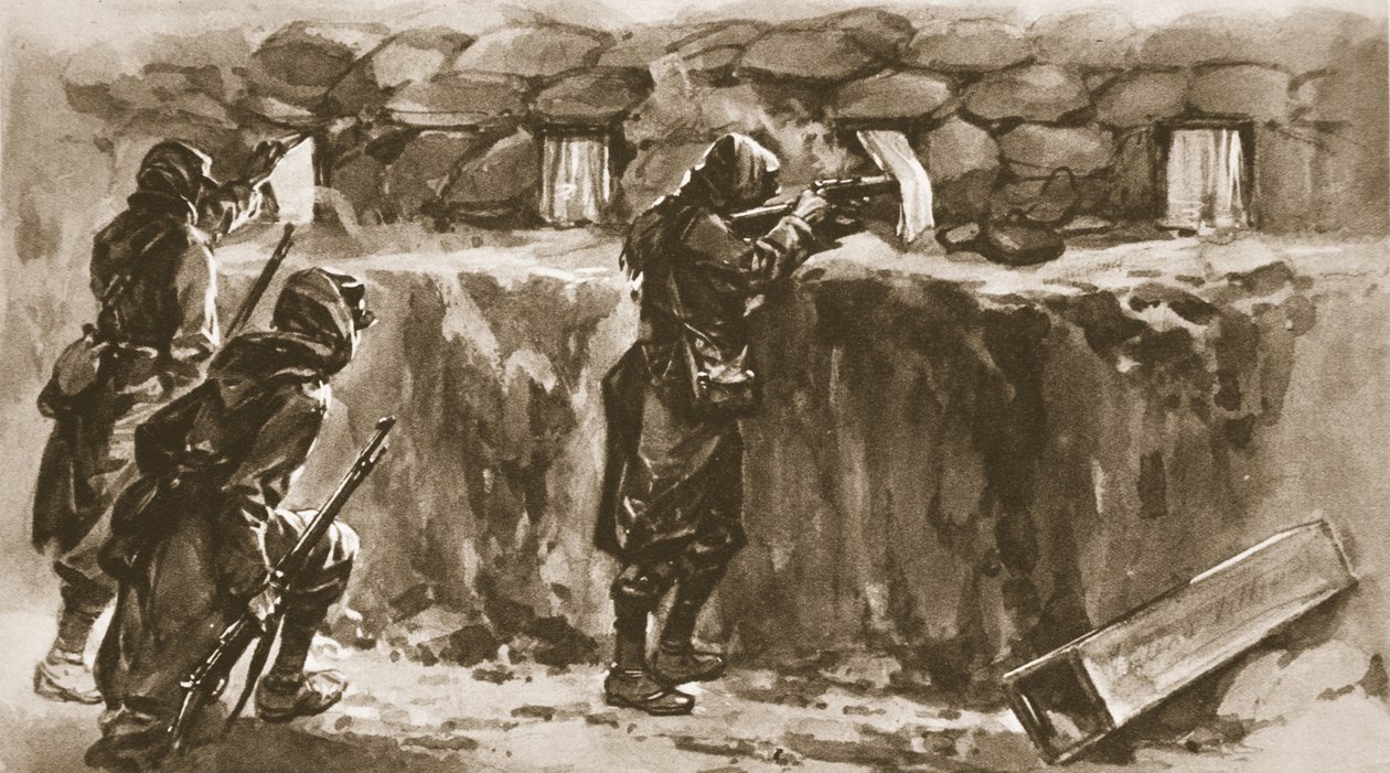 Cortinas de janelas de casas de campo como biombos de trincheira: um expediente francês para desconcertar o atirador inimigo, de The Illustrated War News, 1915 de English School