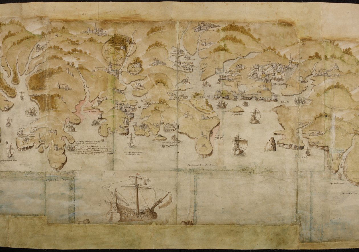 Algodão Augusto I. i. 38 Mapa da costa entre Fowey e Salcombe, incluindo Plymouth. Parte de um mapa panorâmico da costa de Land