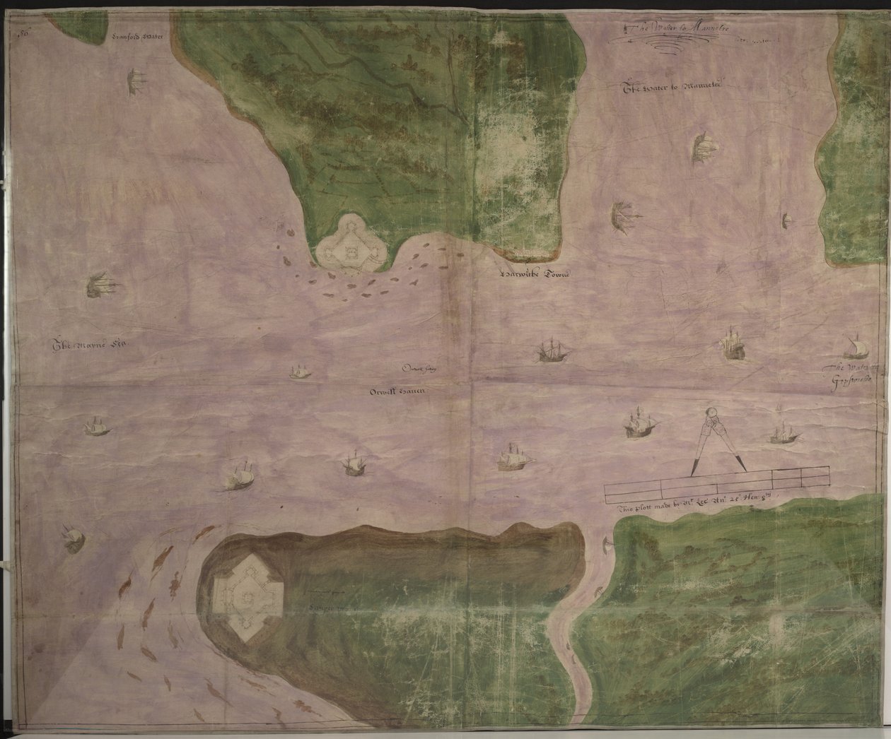 Cotton Augustus I.i f.56 Plano de Orwell Haven por Richard Lee de English School