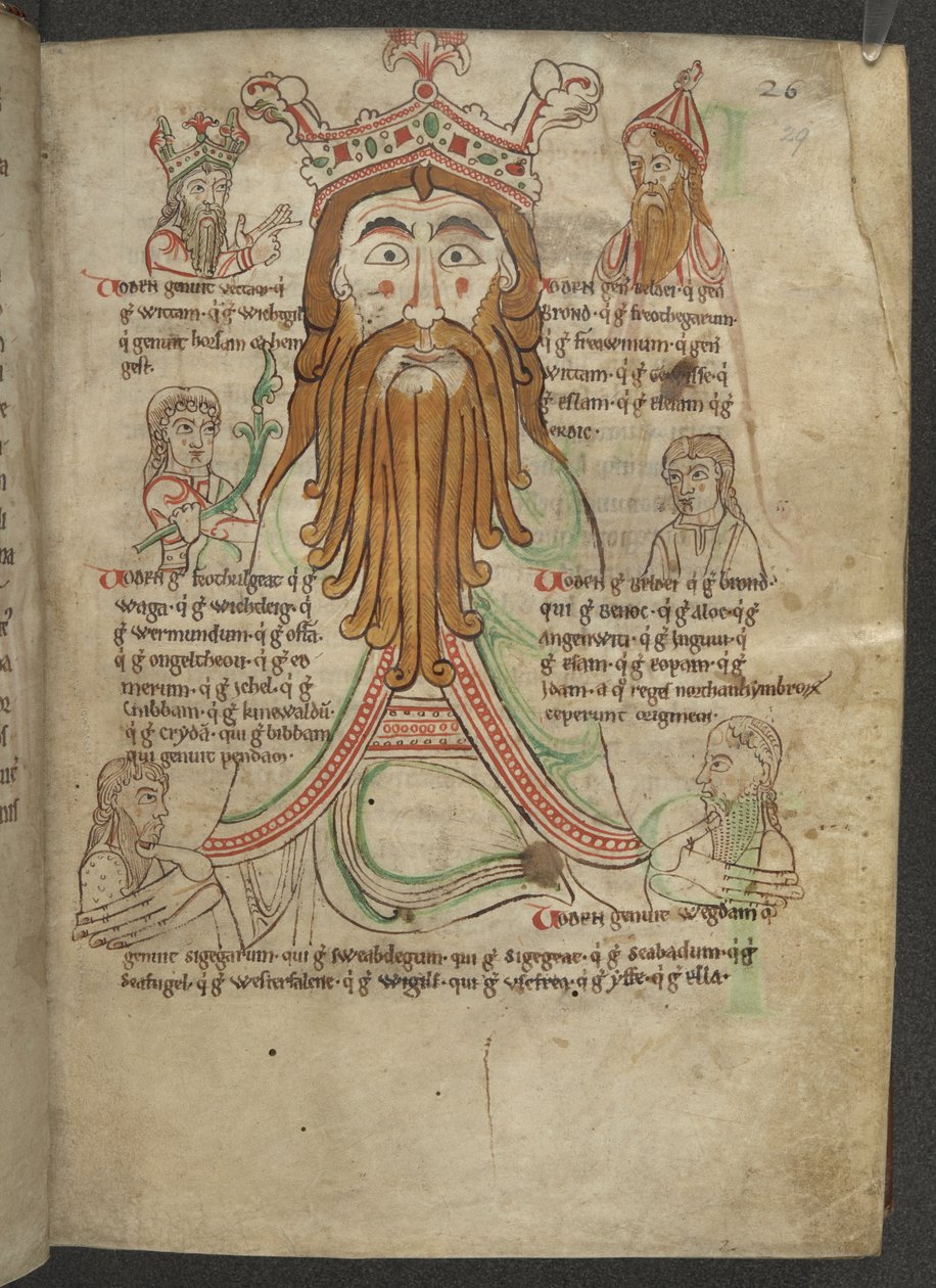 Algodão Calígula A. VIII, f.29 Desenho de Woden rodeado pelos seus descendentes; num tracto sobre a Heptarchy, c.1153-66 (vellum) de English School
