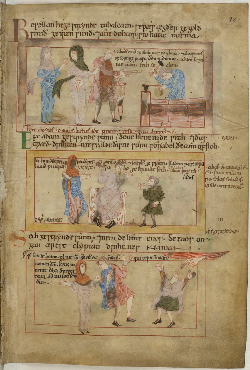 Cotton Claudius B IV fol.10 Lamech e suas duas esposas e seu filho, Tubalcain, o ferreiro, no trabalho (velino) de English School
