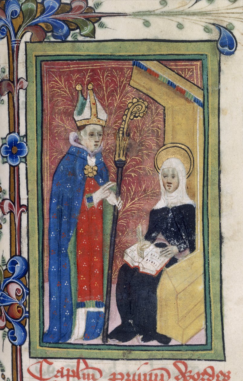 Algodão Claudius B. I, f.117 St. Bridget apresenta uma mensagem de Cristo a um Bispo, de 