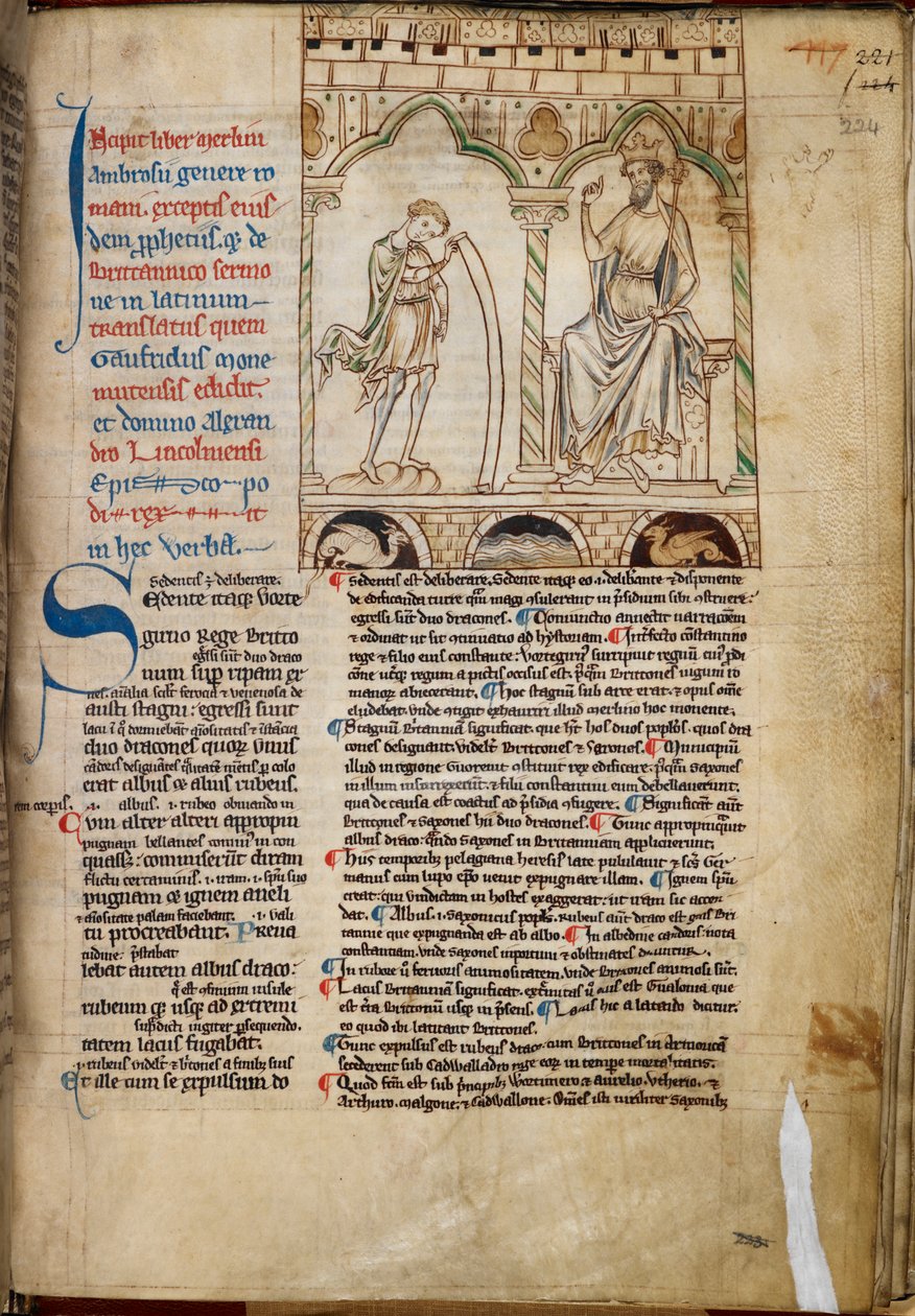 Cotton Claudius B. VII, f.224 O menino Merlin profetizando diante do rei Vortigern, ilustração de 