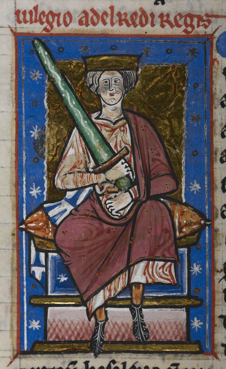 Algodão Cláudio B. VI, f.87v Ethelred, o Incontornável com espada, da "Crónica de Abingdon", c.1220 (vellum) de English School