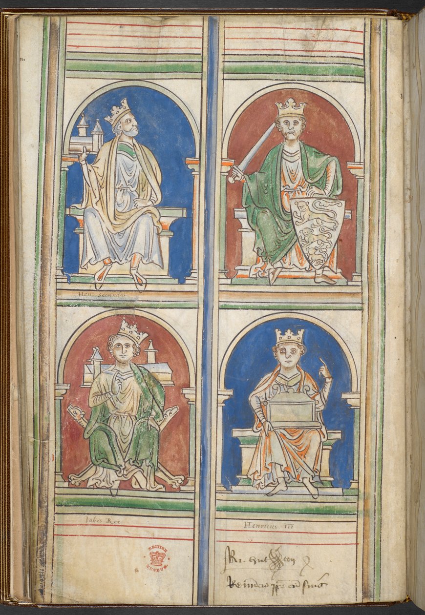 Algodão Claudius D VI f.9v Quatro Reis de Inglaterra: Henrique II, Ricardo I, João e Henrique III de Os Reis de Inglaterra de Brutus a Henrique III, de Mateus Paris, c.1250-59 (vellum) de English School