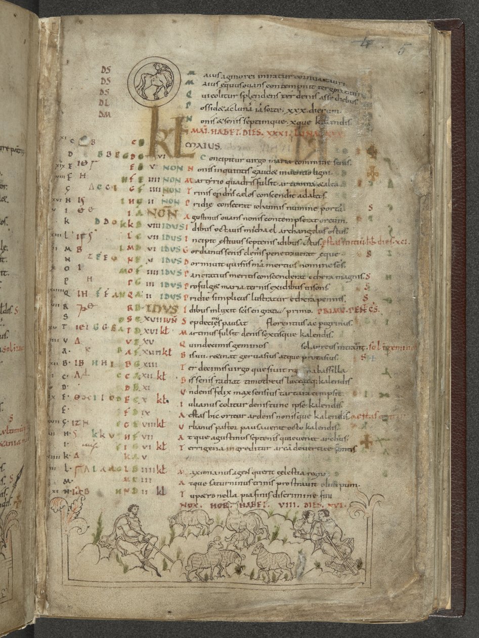 Algodão Julius A. VI, f.5, página do calendário de Maio: Pastores e rebanho (vellum) de English School