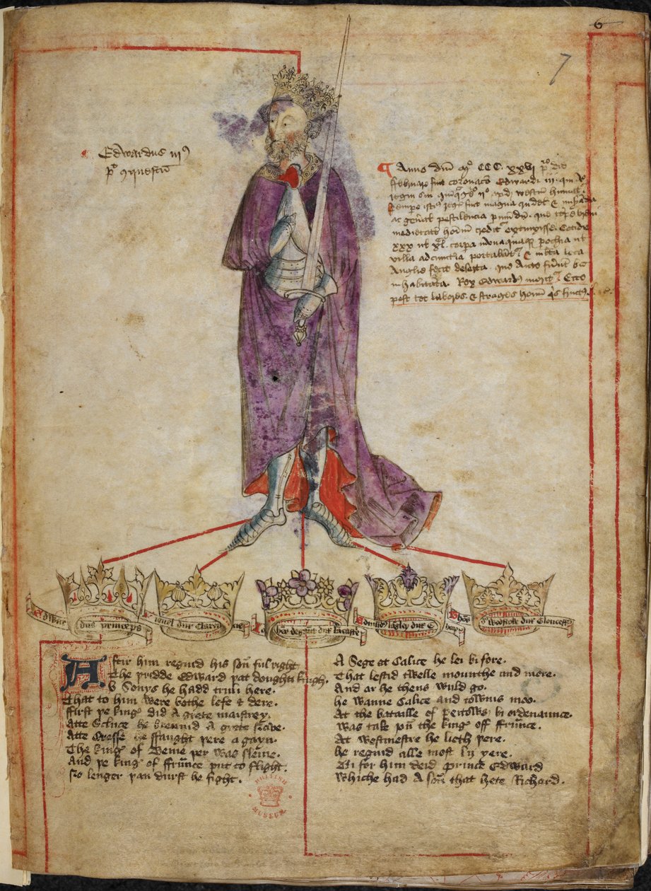 Algodão Júlio E. IV, f.7 Desenho de Eduardo III, com breve relato do seu reinado, e linhas de "versos sobre os reis de Inglaterra de Guilherme I a Henrique VI", depois de 1431 (vellum) de English School