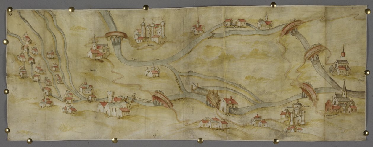 Algodão MS Augustus I i 65 Mapa do rio Trento e seus afluentes entre Nottingham e Newark, c.1540 (caneta e tinta com aguarela sobre papel) de English School