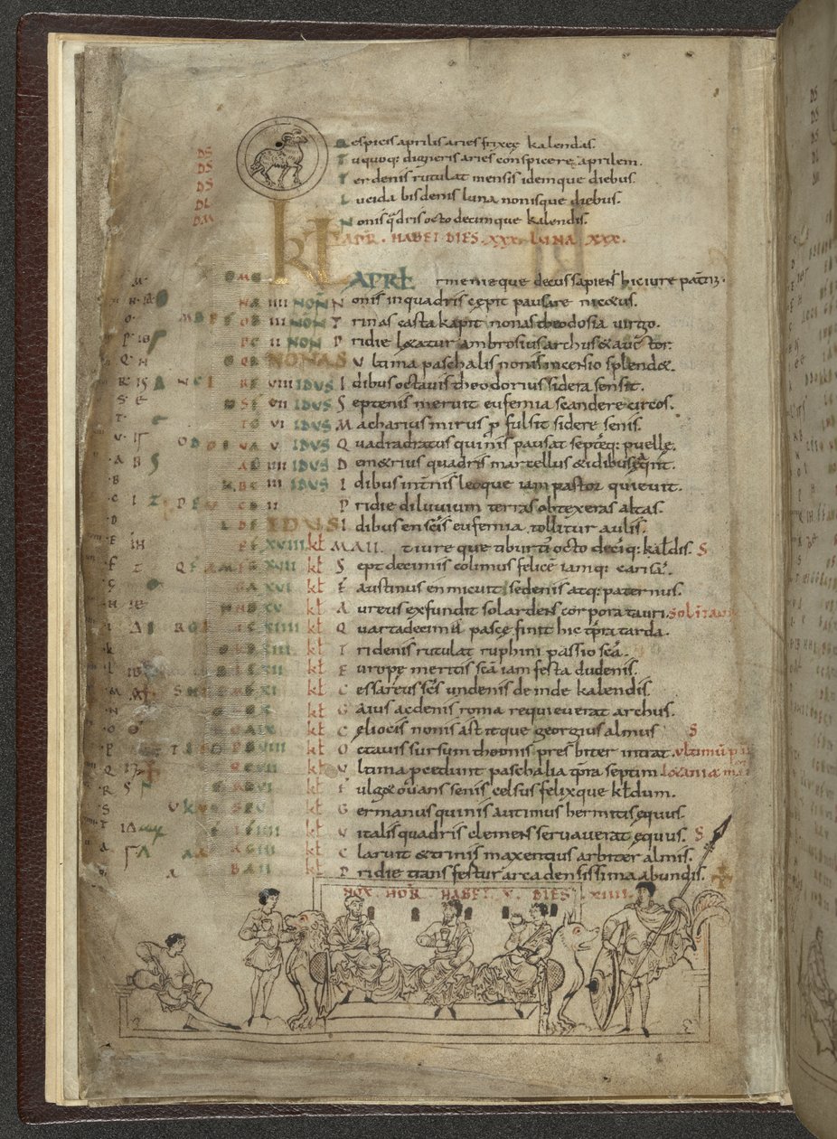 Algodão MS Julius A. VI, f.4v, Página do calendário para Abril: Cena de festa com três fidalgos (vellum) de English School