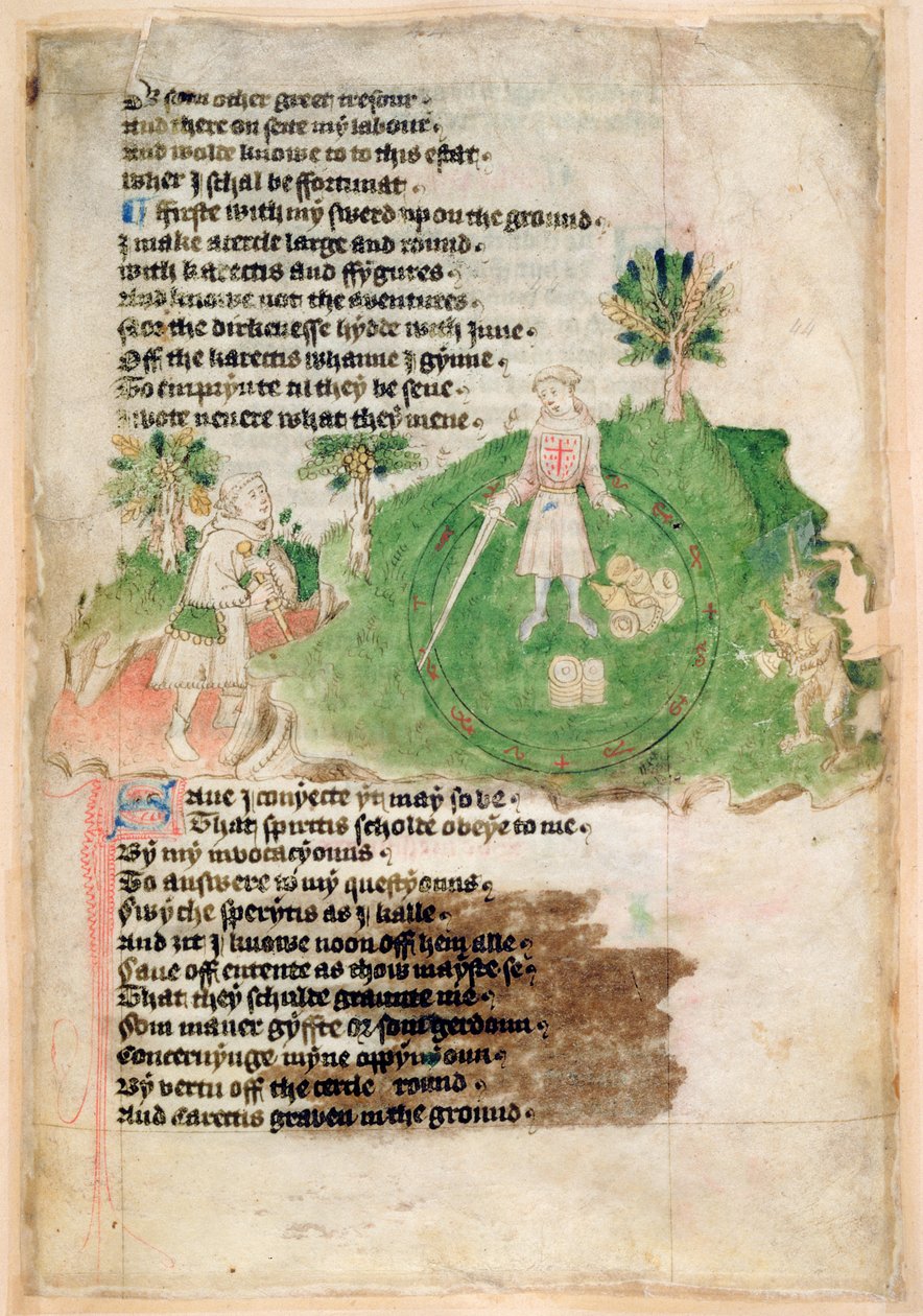 Cotton Ms Tiberius A vii fol.44 Demônios trazendo tesouro para um mago (velino) de English School