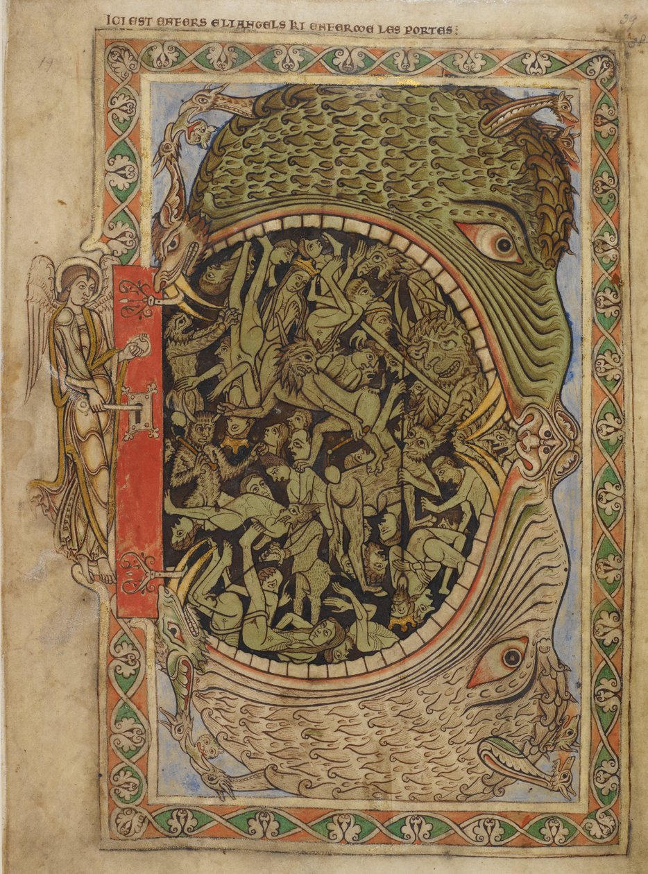 Algodão Nero C IV f.39 As mandíbulas do Inferno presas por um anjo, do Saltério de Henrique de Blois, c.1121-61 (velino) de English School