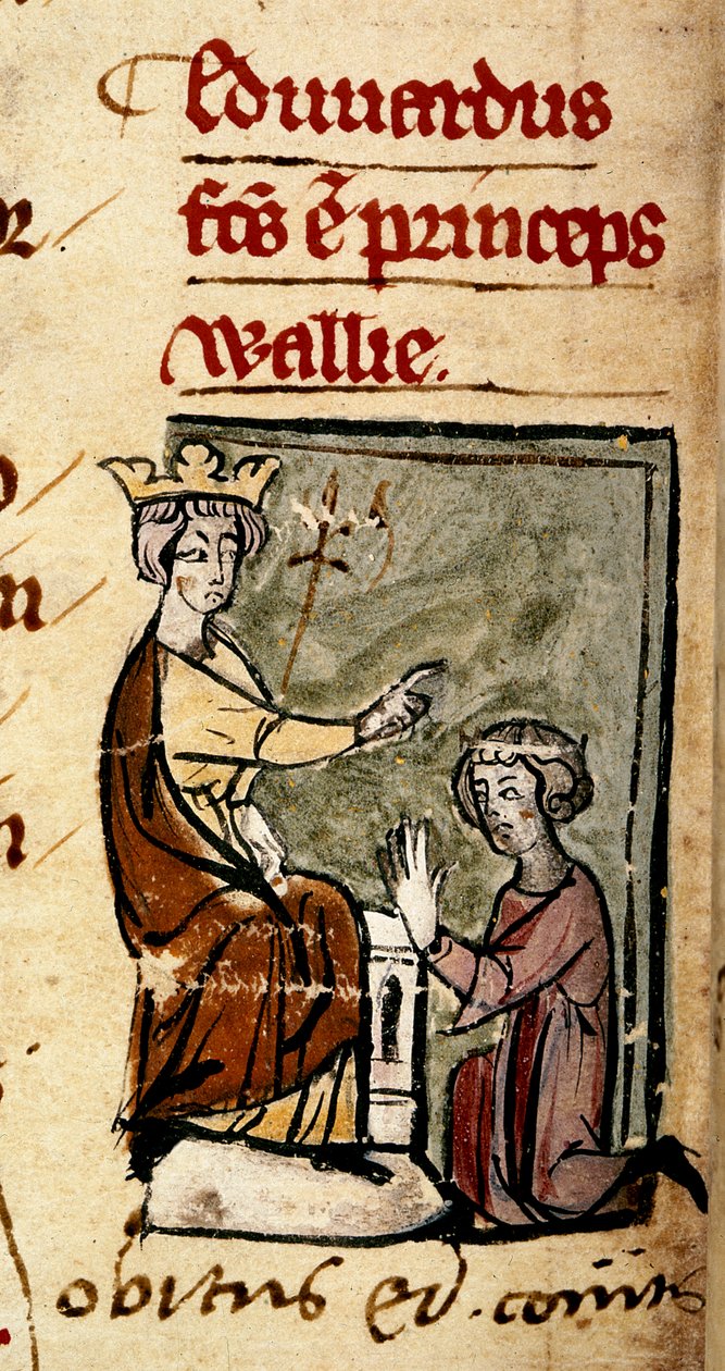 Cotton Nero D. II, f.191v Eduardo de Caernarvon (Edward II) criado Príncipe de Gales e Conde de Chester por seu pai, o rei Eduardo I, no parlamento de Lincoln, em 7 de fevereiro de 1301, da 