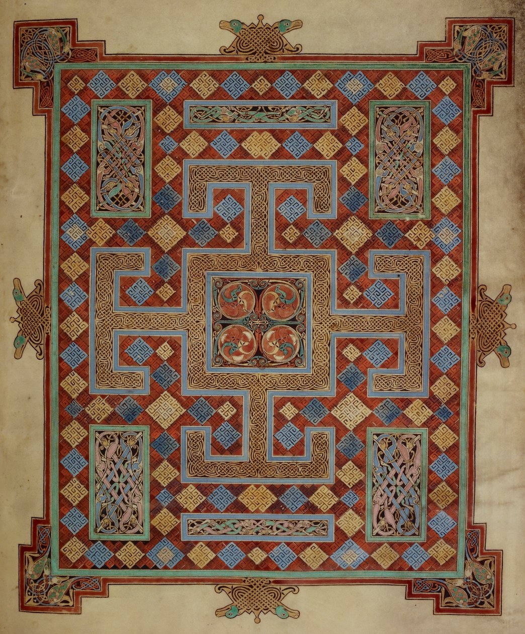 Algodão Nero D. IV, f.138v Página de tapete apresentando o Evangelho de São Lucas, dos Evangelhos de Lindisfarne, 710-21 (vellum) de English School