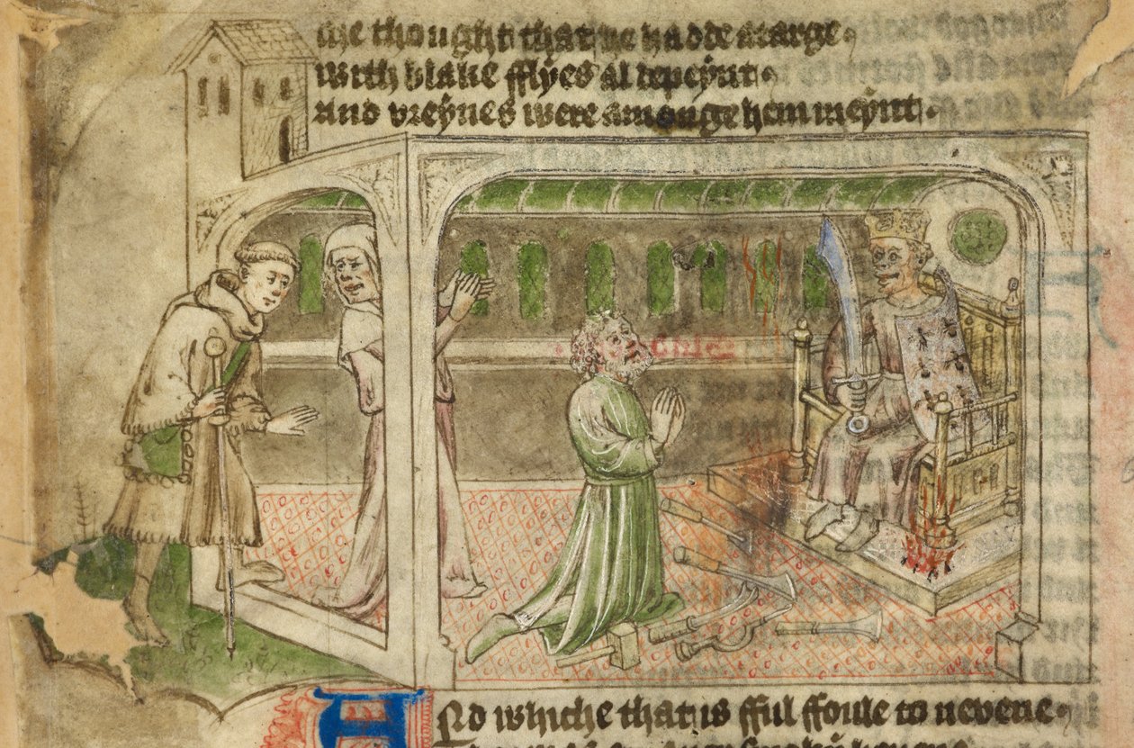 Algodão Tibério A. VII, f.65v, A Casa da Idolatria, com o peregrino a entrar e um homem a adorar um ídolo coroado (vellum) de English School