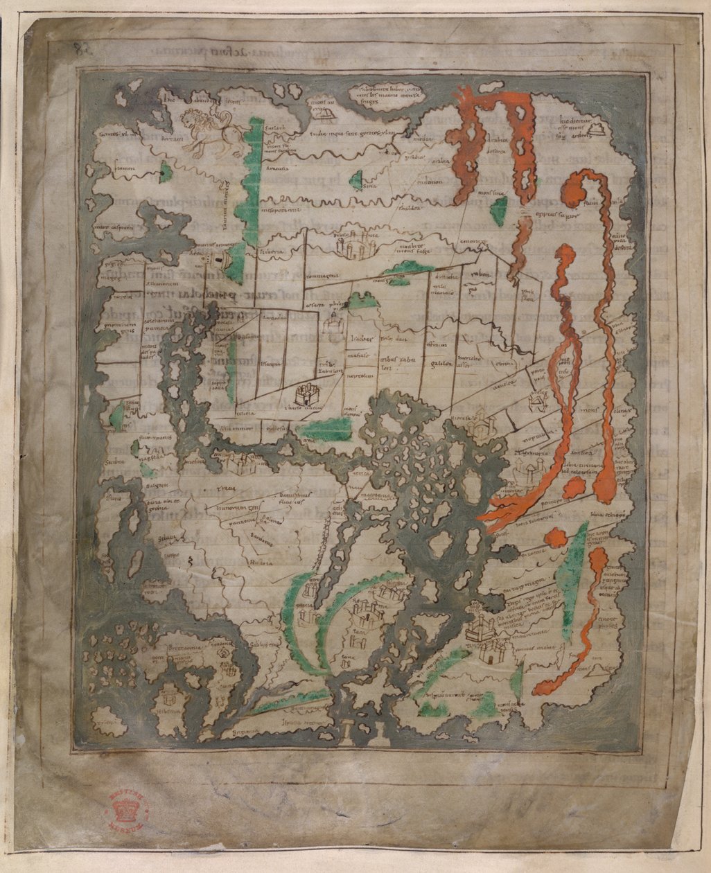 Cotton Tiberius B.V, Parte 1, f.56v O Mapa de Tibério, Mappa Mundi (velino) de English School