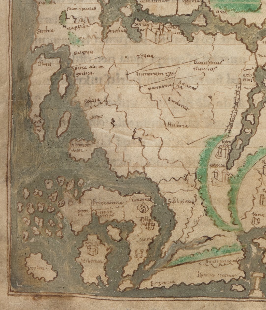 Cotton Tiberius B.V, Parte 1, f.56v O Mapa de Tiberius, Mappa Mundi, detalhe da Europa Ocidental e Ilhas Britânicas (velino) de English School