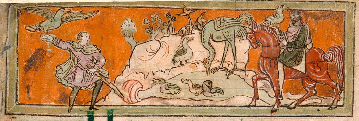 Cotton Tiberius B. V, Parte 1, f.7v Caça com o falcão, Ilustração para outubro de um 