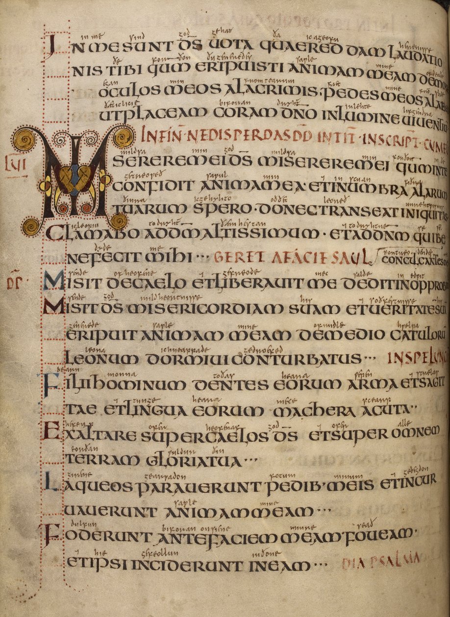 Algodão Vespasiano A. I, f.55v Salmo 56 com brilho inglês antigo e inicial decorada MI de English School