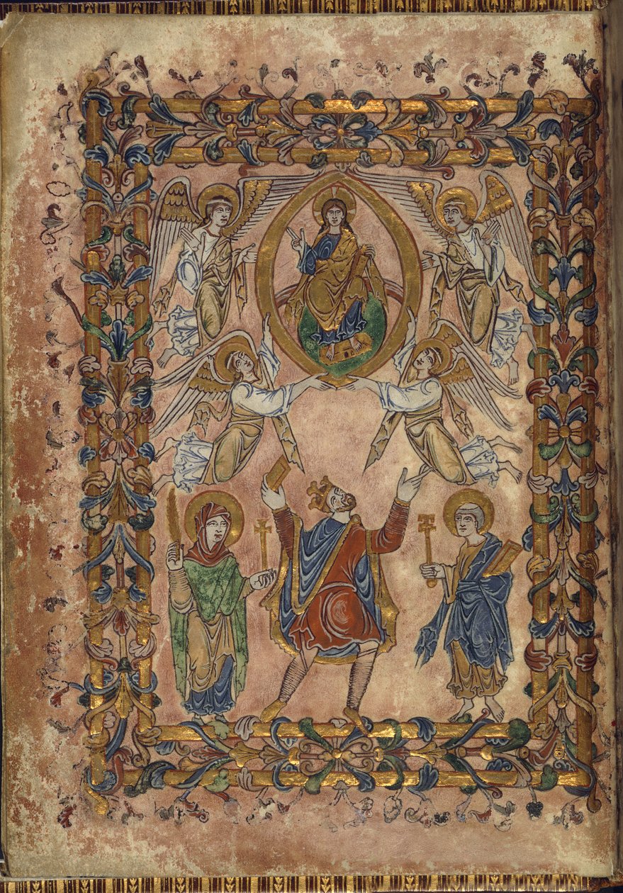 Algodão Vespasiano A. VIII, f.2v Edgar oferece carta a Cristo, ilustração de 