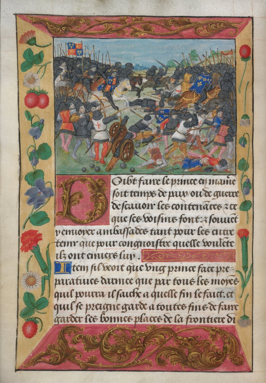 Cotton Vespasiano A xvii, f.13v, O rei da Inglaterra montado em um cavalo branco, perseguindo o fugitivo rei da França, de Robert de Balsac