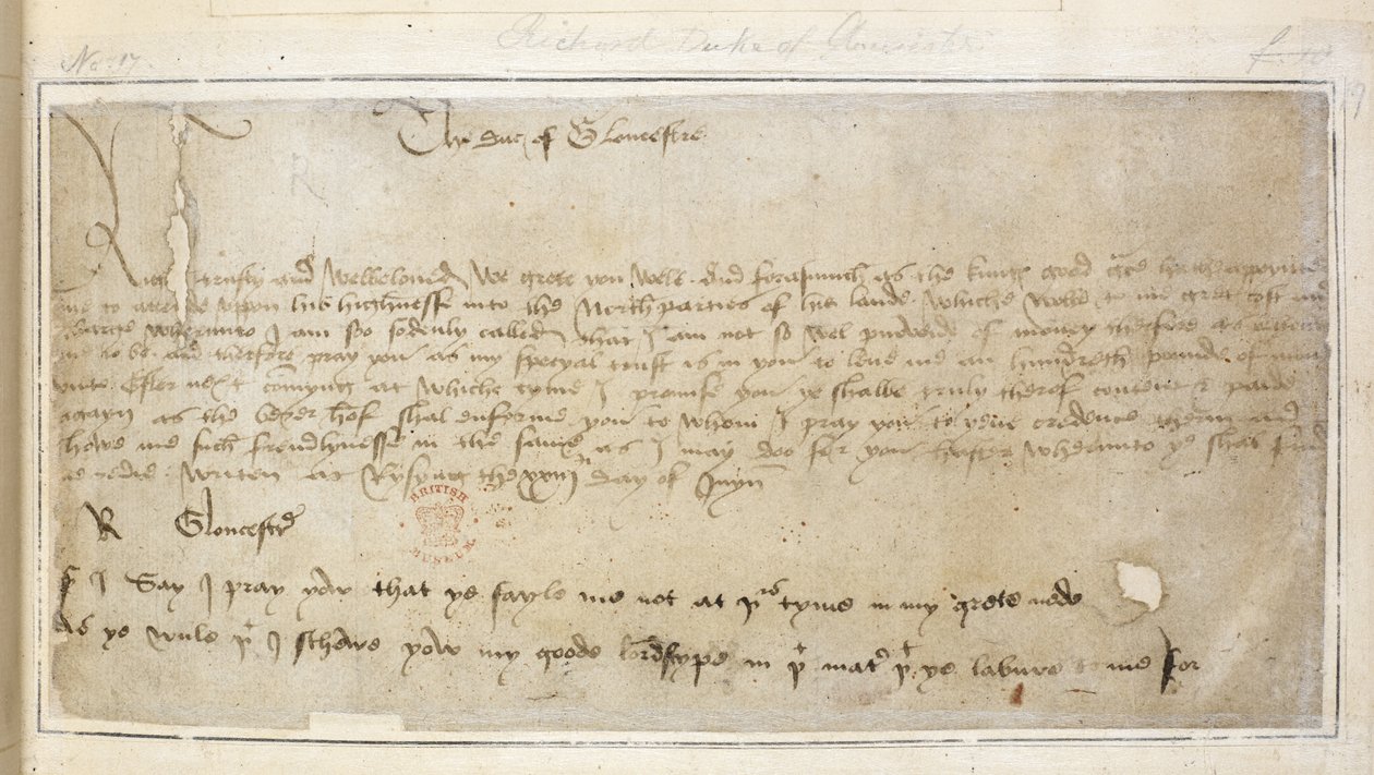 Cotton Vespasian MS F III f.19 A primeira carta sobrevivente de Richard para Sir John Say de English School