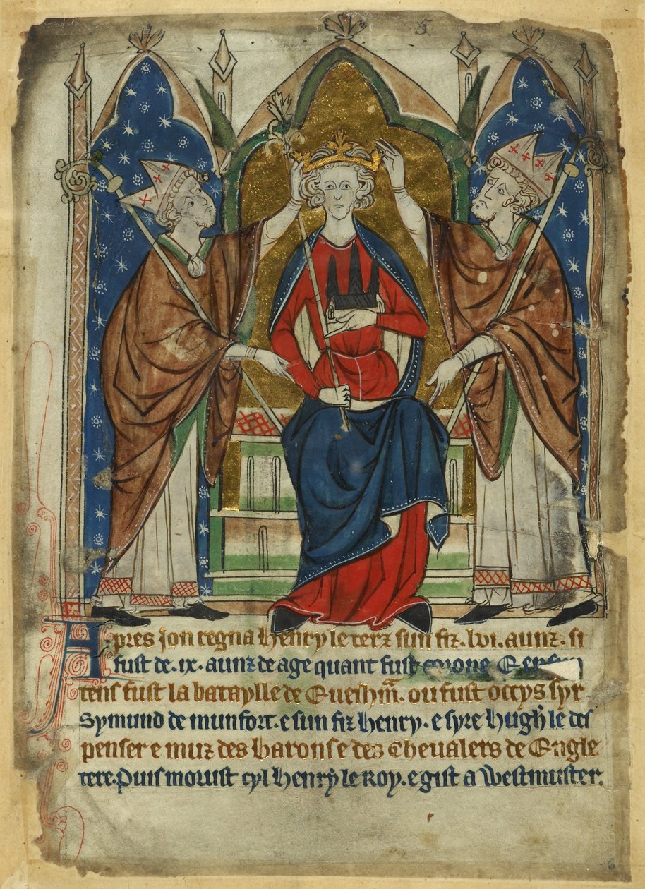 Algodão Vitellius A. XIII, f.6, Coroação de Henrique III, dos "Decretos dos Reis da Inglaterra Anglo-Saxónica e Normanda" c.1280-1300 (vellum) de English School