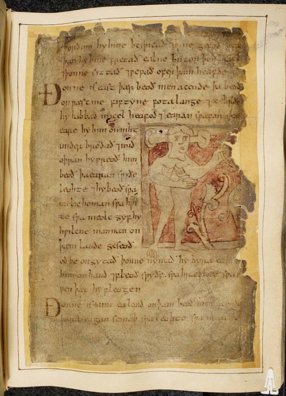 Cotton Vitellius A. XV f.104r, A panotii, ou seja, um homem com orelhas projetadas em hastes, segurando um objeto que parece um arco, ilustração de Beowulf, do 