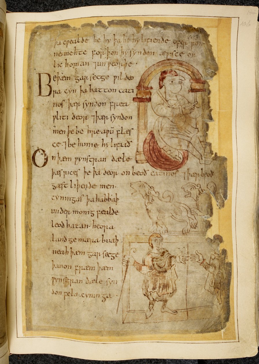 Cotton Vitellius A. XV f.106r, Um homem sentado numa almofada sob um arco; dois catini, bestas de boca aberta como cães; um homem vestido com um bastão, estendendo a mão para outro homem, ilustração de Beowulf, do 