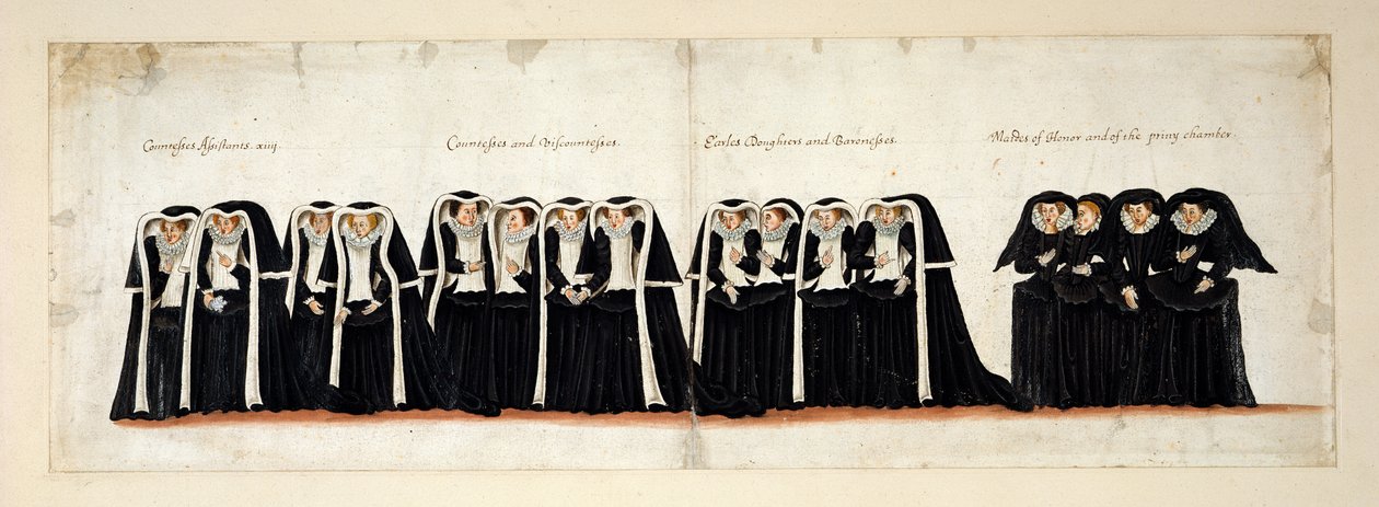 Condesas assistentes; Condesas e Viscondesas; as filhas de Condessa e Baronesa; Damas de Honra e da Câmara Privada. Parte do cortejo fúnebre da Rainha Isabel I à Abadia de Westminster, 28 de Abril de 1603 de English School
