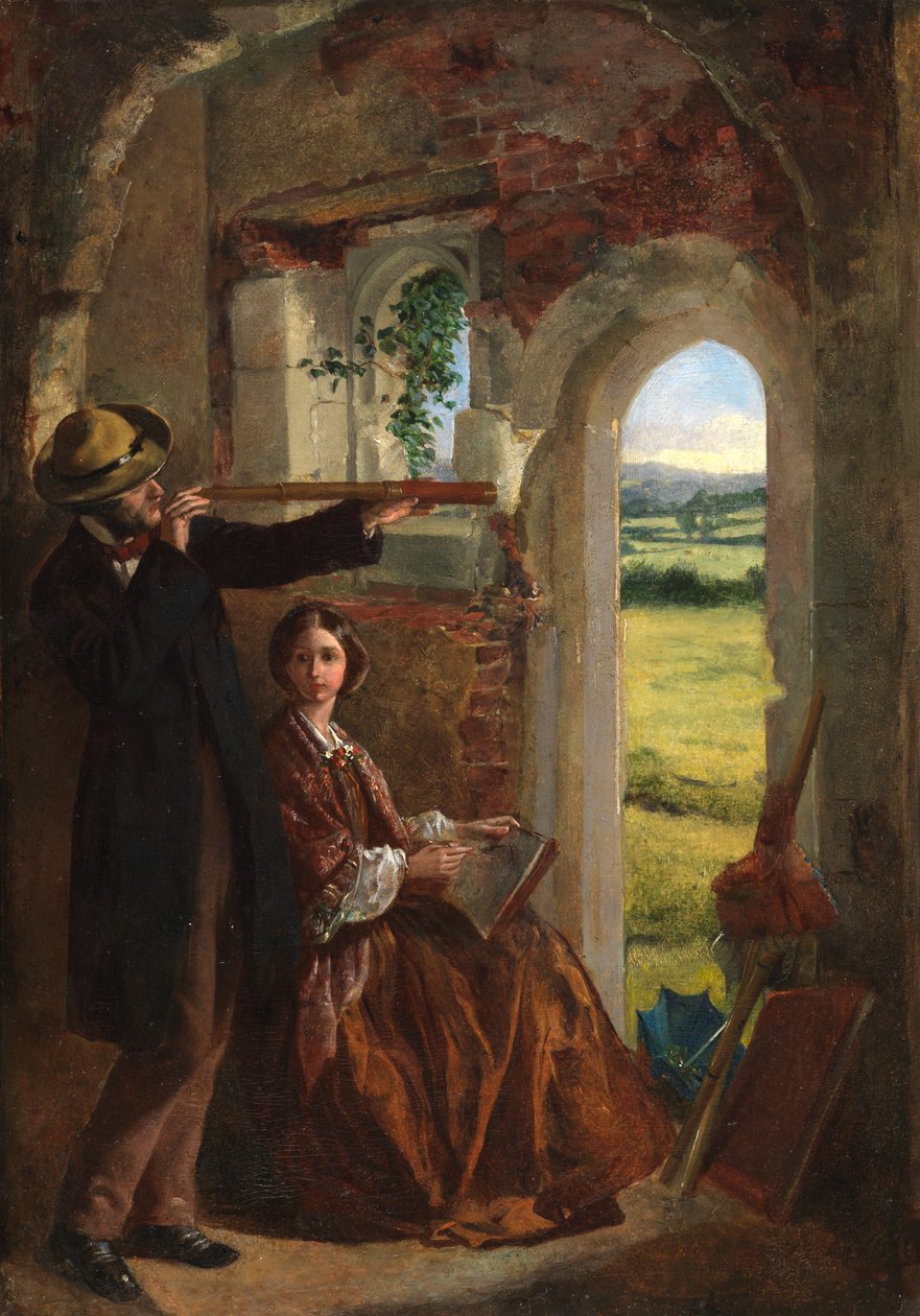 Par, observar, um, paisagem, (oil, ligado, cartão, colocado, ligado, panel) de English School