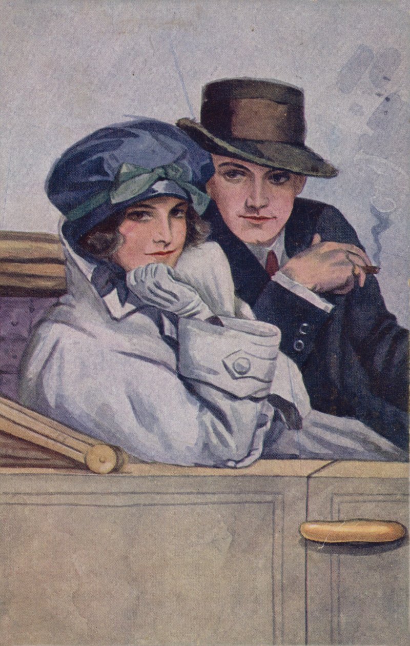 Casal sentado num carro (litografia a cores) de English School