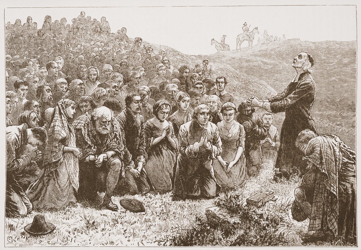 Covenanters adorando pelas margens do Whitadder, ilustração de The History of Protestantism por James Aitken Wylie (1808-1890), pub. 1878 de English School