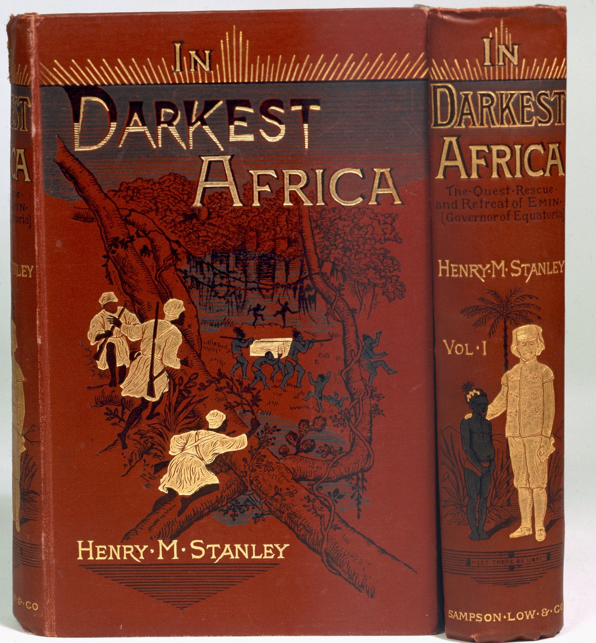 Capa de Na África Mais Escura: ou A Busca, Resgate e Retiro de Emin (Governador da Equatória), Volume I, publicado em 1890 de English School