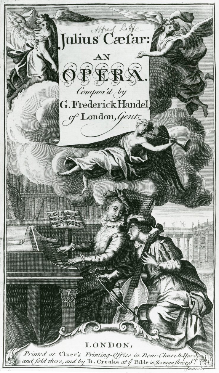 Capa de partituras para Júlio César, uma ópera de Handel, publicada em 1724 (gravura) (foto bw) de English School