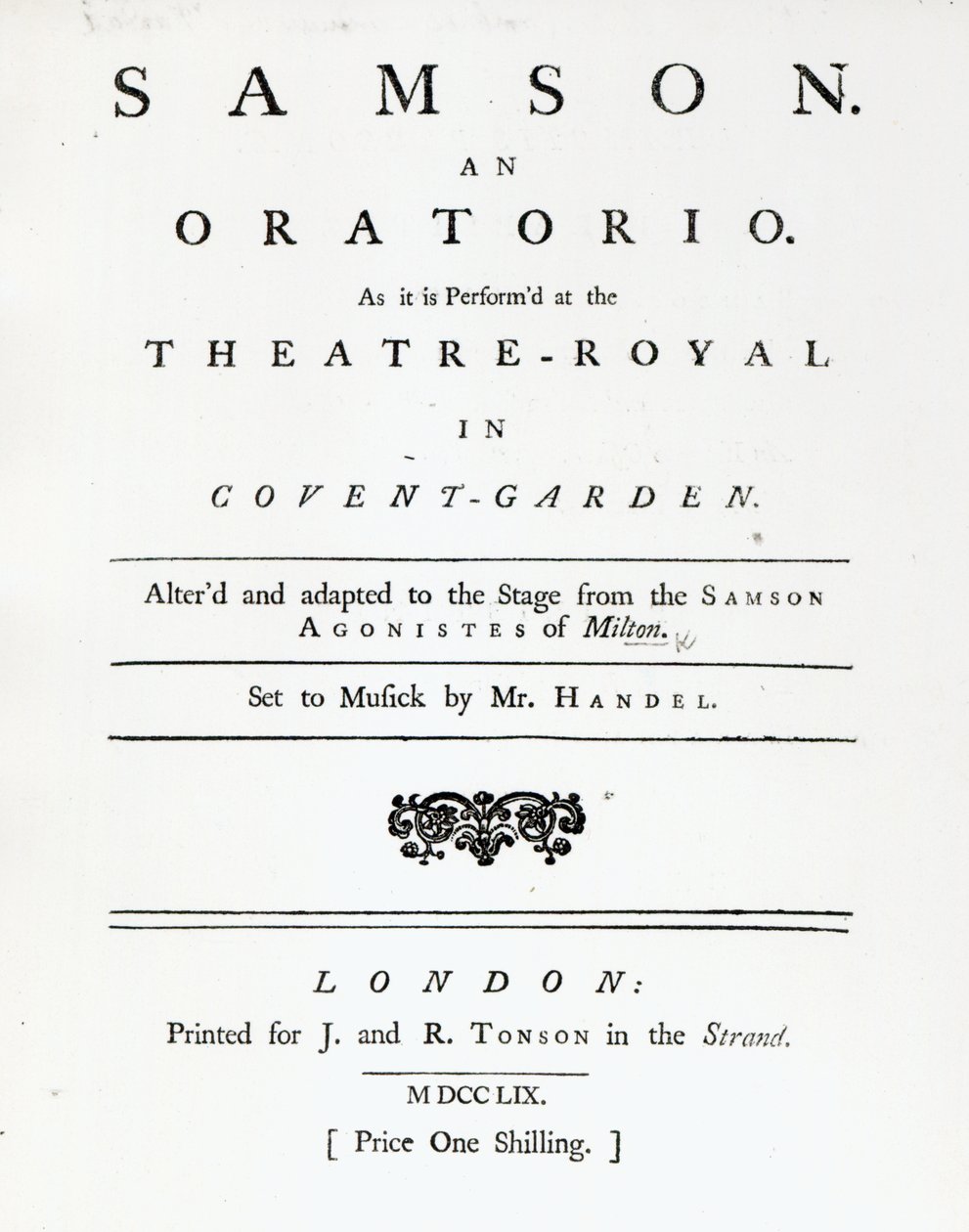 Capa de Partituras para Samson, um Oratorio by Handel, publicado em 1759 de English School