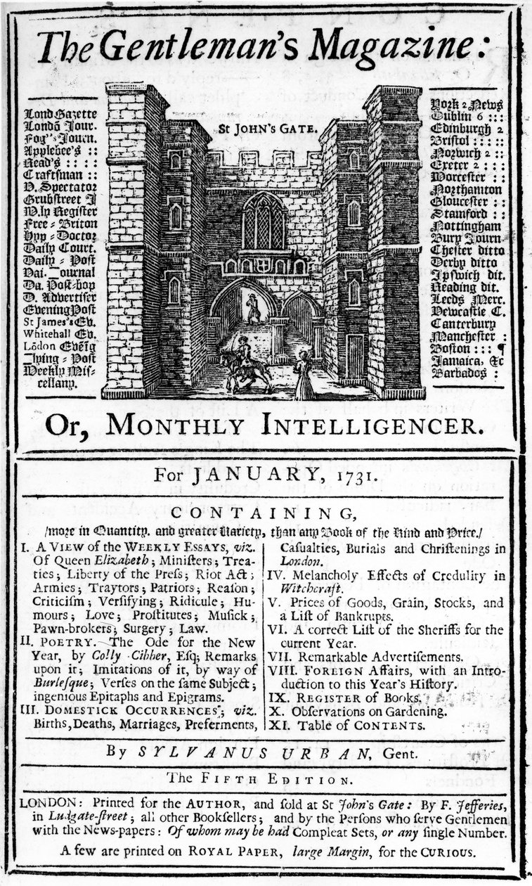 Capa da primeira edição da The Gentlemans Magazine, publicada em janeiro de 1731 de English School