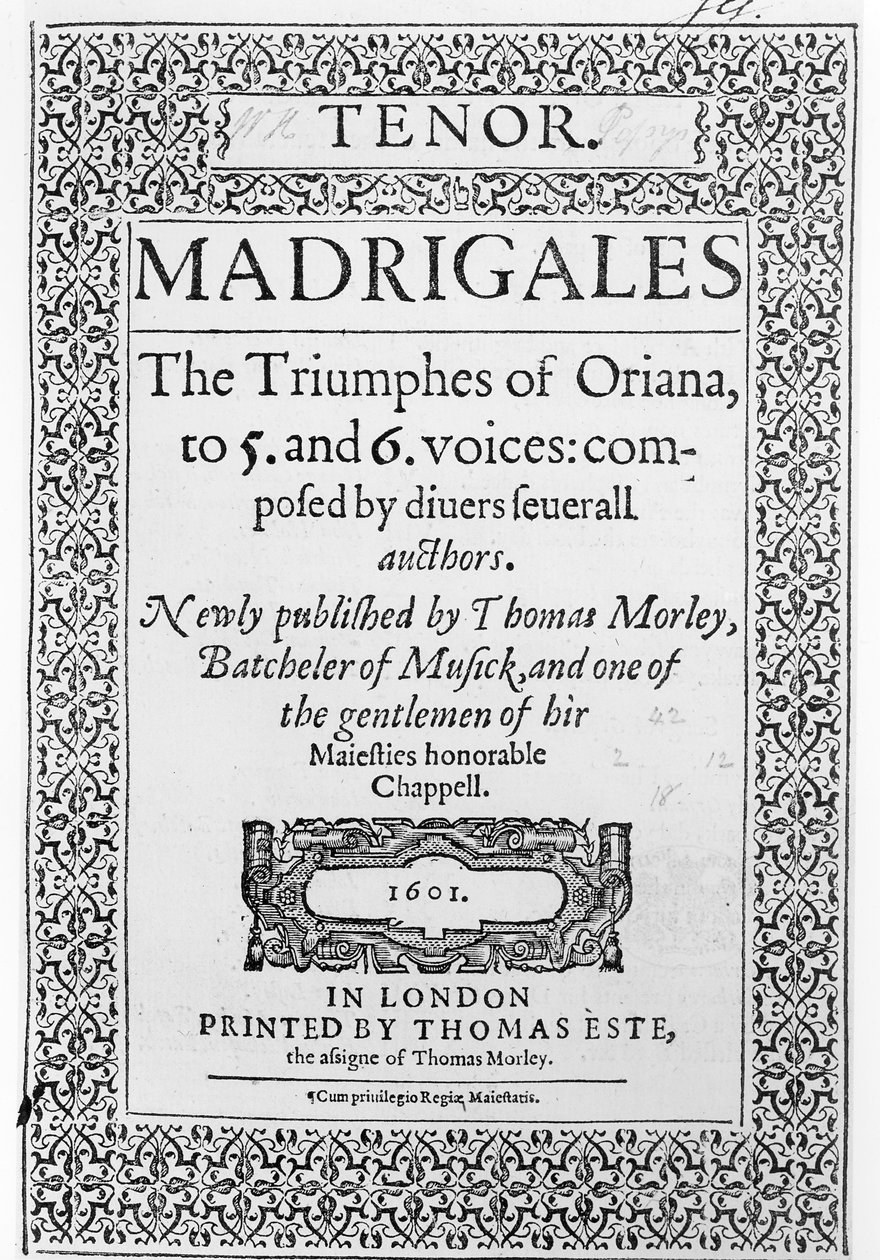 Cobertura para a parte Tenor dos triunfos de Oriana, publicado por Thomas Este, 1601 de English School