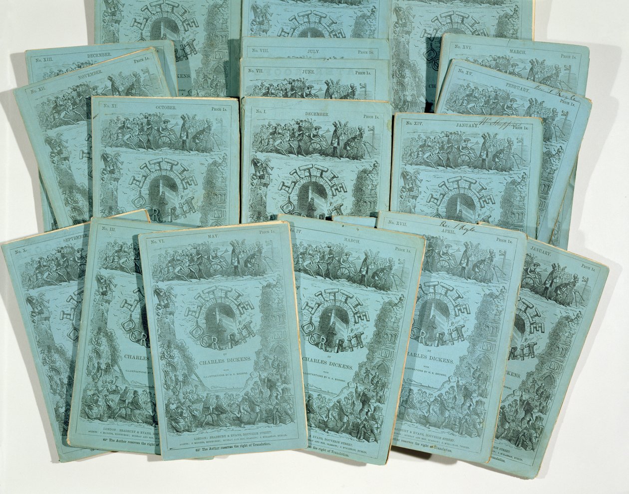 Capas das edições mensais de Little Dorrit, de Charles Dickens (1812-1870), publicadas c. 1856 de English School